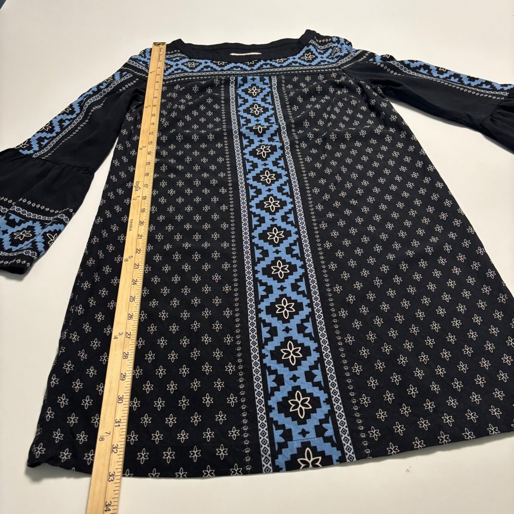 Loft Womens Medium Blue Black Geometric Floral 3/4 Bell Sleeve Boho Shift Dress - Picture 11 of 11